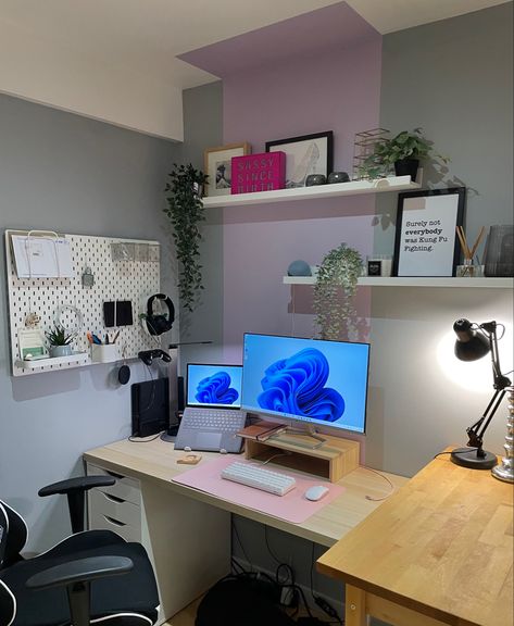 Colour blocked wall above my work station. Faux plants as the corner dows not get much natural light. Work Corner, Office Corner, Desk Areas, Corner Wall, Work Station, Block Wall, Faux Plants, Home Office Desks, Colour Block