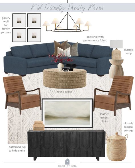 Kid Friendly Family Room Designs Coastal Living Room Mood Board, Grey Blue Couch Living Room, Blue Grey Couch, Slate Blue Couch, Blue Sectional Living Room, Kid Friendly Living Room Furniture, Kid Friendly Family Room, Family Room Designs, Kid Friendly Living Room