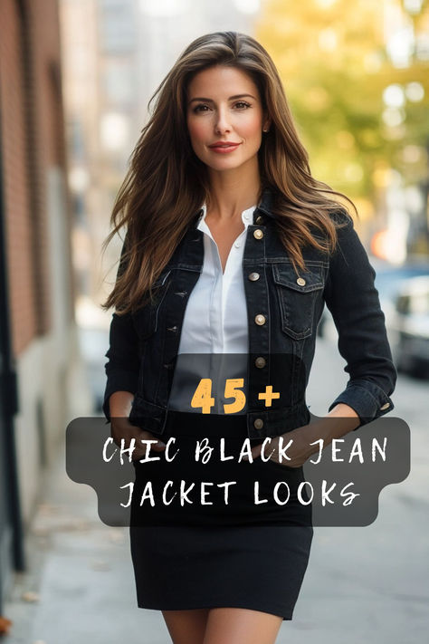 Level up your style with 45 black jean jacket outfits that add effortless edge to any wardrobe. Featuring versatile pairings, trendy accents, and timeless designs, these looks are perfect for any occasion. Click to explore these edgy inspirations and let your jean jacket be your fashion staple! 🖤👖 #BlackJeanJacket #EffortlessEdge #FashionInspo #VersatileStyle #TrendyAccents #WardrobeEssentials #TimelessDesigns Black Jeans White Shirt Denim Jacket, Levis Jean Jacket Outfits Women, Washed Black Denim Jacket Outfit, Black Jeans And Jean Jacket Outfit, How To Style A Black Denim Jacket, How To Style Black Jean Jacket, Levis Jean Jacket Outfits, How To Style A Black Jean Jacket, Black Denim Jacket Outfit Winter