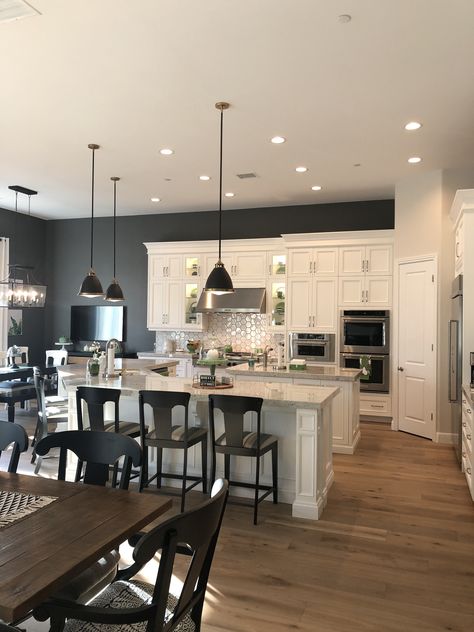 White shaker kitchen, hexagon backsplash, charcoal wall, green accents White Hexagon Backsplash Kitchen, Hexagon Backsplash Kitchen, White Hexagon Backsplash, Subway Tile Backsplash Ideas, Charcoal Wall, Moody Farmhouse, Charcoal Kitchen, Grey Kitchen Walls, Creative Backsplash