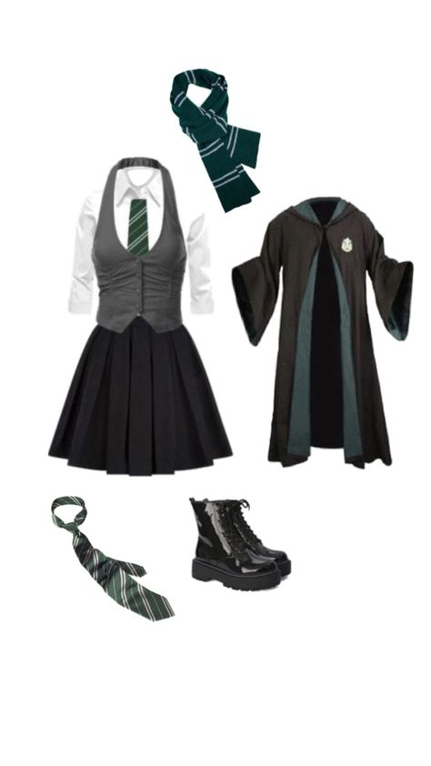 Slytherincore Outfits, Harry Potter Outfit Ideas Slytherin, Slytherin Themed Outfits, Slytherin Uniform Female Aesthetic, Harry Potter Shifting Outfits, Slytherin Outfit Uniform, Slithering Outfits, Harry Potter Outfits Slytherin, Slytherin Girl Uniform