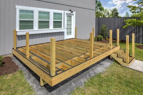 How to Square a Deck Frame | Decks.com Deck For Mobile Home, Deck Footings, Deck Patterns, Ground Level Deck, Easy Deck, Deck Framing, Addition Ideas, Deck Installation, Deck Posts