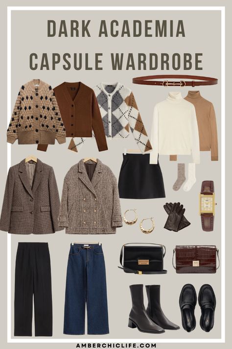 Best Dark Academia Capsule Wardrobe for Winter Capsule Wardrobe Vintage Style, Dark Academia Outfit Work, Dark Academia Old Money Aesthetic, Dark Academia Wardrobe Essentials, Academia Outfits Plus Size, Winter Outfits Dark Academia, Dark Autumn Capsule Wardrobe, 2024 Capsule Wardrobe, Dark Academia Winter Outfit