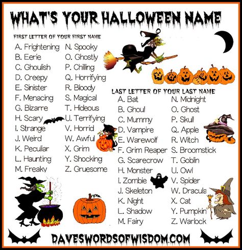 Daveswordsofwisdom.com: What's Your Halloween Name 2019 Couples, Scentsy Halloween, Funny Name Generator, Nike Tattoo, Interaction Posts, Halloween Street, Horoscope Funny, Boo Baskets, Interactive Facebook Posts