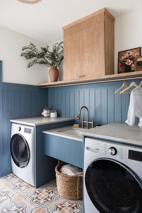 Diy Laundry Room Makeover, Laundry Room Countertop, Laundry Room Tile, Blue Laundry Rooms, The Hacienda, Wainscoting Styles, Jenna Sue Design, Jenna Sue, Laundry Room Shelves