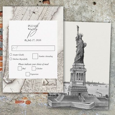 New York City Destination NYC Wedding RSVP Card  $1.99 by idovedesignweddings City Theme, New York City Map, Vintage Wedding Theme, Wedding Rsvp Card, The Statue Of Liberty, Modern Elements, Wedding Suite, Vintage Illustrations, Vintage New York