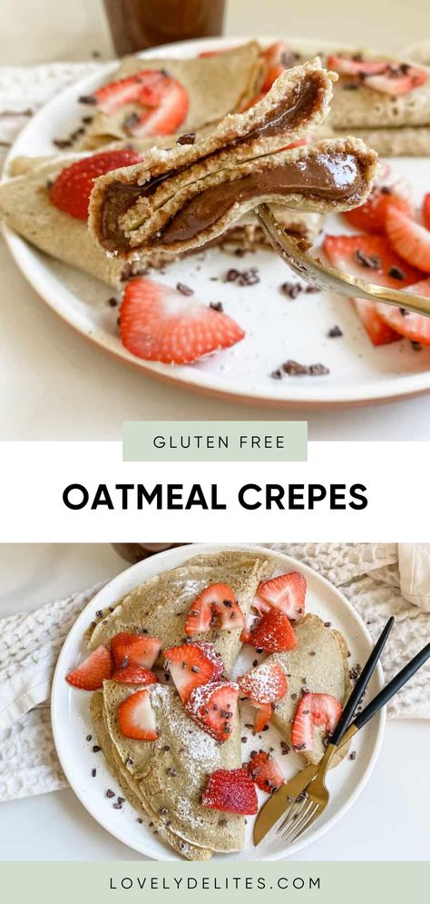 Oatmeal Crepes come together with just three simple main ingredients. These healthy gluten free crepes are light, fluffy and have the perfect texture. Fill them with my homemade nutella and fresh fruit like strawberries or bananas! Oatmeal Crepes, Oat Crepes Healthy, Low Calorie Crepes, Low Calorie Crepes Healthy, Oat And Almond Flour Pancakes, Healthy Strawberry Pancakes, Healthy Crepe Recipe Low Calorie, Protein Crepes Recipe, Vegan Protein Oat Pancakes