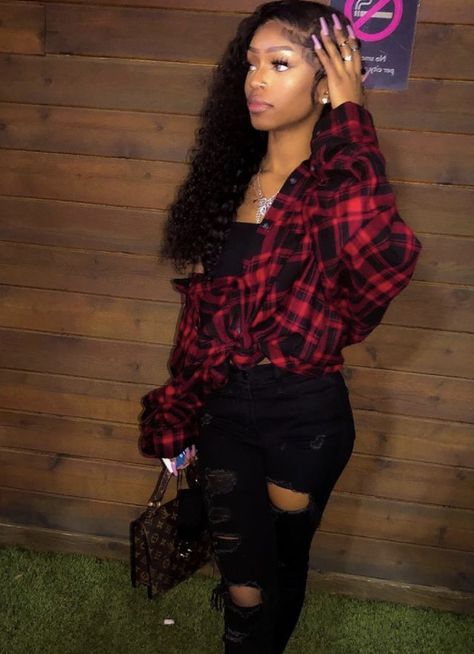 casual outfit, black girl, flannel, ripped jeans Red Flannel Shirt Outfit, Red Flannel Outfit, Plaid Flannel Outfit, Black Ripped Jeans Outfit, Cute Flannel Outfits, Flannel Shirt Outfit, Plaid Shirt Outfits, Ripped Jeans Outfit, Flannel Outfits