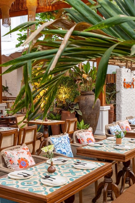 Indian Bar Interior Design, Meditteranean Restaurant, Outdoor Dining Restaurant, Indian Fine Dining, Restaurant Ambience, Tropical Restaurant, Boho Restaurant, Tropical Chic Decor, Indian Cafe