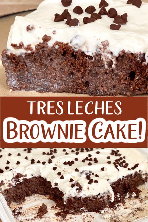 TRES LECHES BROWNIE CAKE RECIPE Brownie Tres Leches, Alcoholic Tres Leches Cake, Baileys Tres Leches Cake, Orange Tres Leches Cake, Tres Leches Brownie, Chocolate Tres Leches Cupcakes, Chocolate Tres Leches Cake With Box Cake, Halloween Tres Leches Cake, Betty Crocker Tres Leches Cake