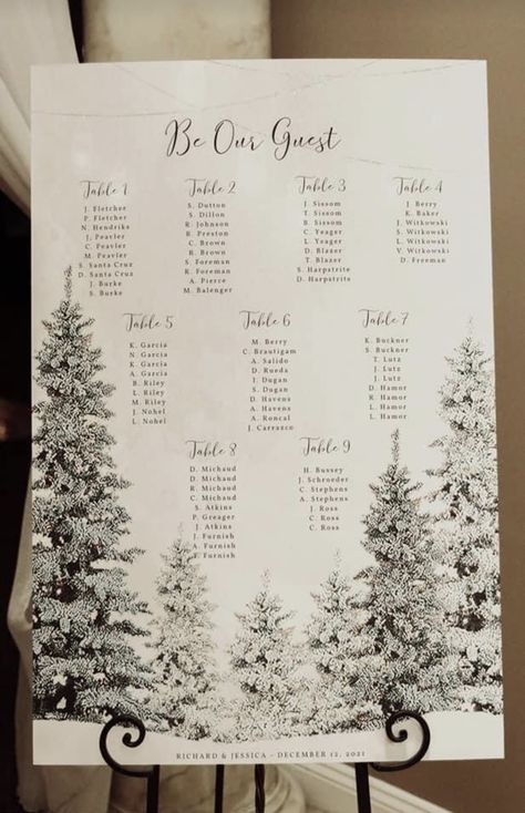 Winter Wedding Seating Cards, Wedding Theme Ideas Winter, Winter Wonderland Seating Chart, Seating Chart Winter Wedding, Winter Seating Chart, Winter Wedding Seating Chart Ideas, Winter Wedding Design, Winter Wedding Signs, Christmas Wedding Seating Chart