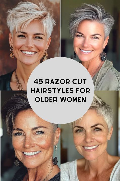 Razor Cut Hairstyles for Older Women >>> The razor cut pixie with subtle undercut provides a edgy, low-maintenance option for older women. This short style features textured layers on top, with a subtle undercut at the nape for added edge. Click here to check out more reasons why these razor cut hairstyles are perfect for older women. Razored Pixie Haircut, Short Razor Cuts For Women, Razor Cut Hairstyles Short, Razor Haircuts For Women, Short Razor Haircuts, Subtle Undercut, Razor Cut Hairstyles, Edgy Pixie Hairstyles, Razor Cut Bob