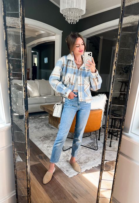 Light Blue Shacket Outfit, Blue Shacket Outfit, Blue Shacket, Chic Fall Outfit, Shacket Outfit, Fall Wardrobe Staples, Trendy Outfit Ideas, Plaid Shacket, Chic Fall Outfits