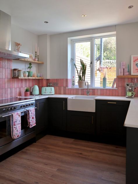 Brown And Pink Kitchen, Moody Pink Kitchen, Pink Kitchen Tile, Small Pink Kitchen, Pink Kitchen Inspiration, Pink Kitchens, Killarney, Pink Home Decor, Our New Home