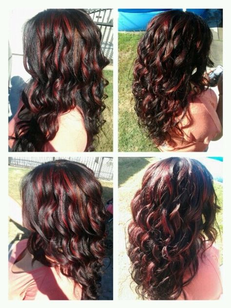 Dark brown with bright red highlights...I think this is my next look! Curly Brown Hair With Red Streaks, Red Streaks Curly Hair, Dark Red Hair Underneath, Red Streaks In Brown Hair Curly, Red Highlights In Brown Hair Curly, Red Highlights On Brown Hair, Hair Color Auburn Brown, Red Highlights In Brown Hair, Highlights On Brown Hair