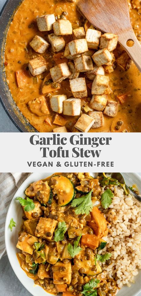 A vegan tofu stew infused with fresh ginger, garlic and a touch of spice. The perfect easy weeknight dinner recipe. This stew is vegan, gluten-free and can be easily modified to your preference. Stew Tofu Recipes, Vegan Dinner Recipes Tofu, Vegan Gluten Free Tofu Recipes, Spicy Tofu Stew, Vegan Ginger Recipes, Easy Vegan Winter Meals, Weeknight Vegan Dinners, Vegan Weeknight Dinners, Vegan Winter Dinner Recipes