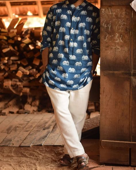 Menswear summer collection'24 - "Komban" - Outfit details: Block print cotton short kurta with white cotton trousers. - Inframe: @soorya_dath Outfit, Styling & Photography: @logha_by_laveena . . . . . . . . . . . . . . . . . . . . . . . . . . . . . . . . . . . . . . . . . . . . . . . . . . . . . . #ethnicwear #ethnictextiles #traditionalwear #indiantextiles #indianprints #indianprints #menshirts #cottonwear #casualwear #fashionblogger #f... Short Kurta For Men, Stylish Boy Clothes, Short Kurti Designs, Menswear Summer, Stylish Boy, Kurta Cotton, Mens Kurta Designs, Styling Photography, Short Kurta