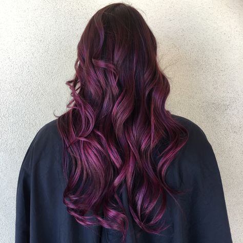 Vivid magenta ombré Magenta Brown Hair, Magenta And Dark Brown Hair, Brown To Magenta Ombre Hair, Purple And Magenta Hair Ombre, Red To Magenta Ombre Hair, Brown Balayage, Brown Ombre, Brown Hair, Dark Brown