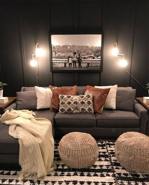 Dark Moody Room Makeover - Taryn Whiteaker Dark Moody Room, Tv Room Ideas Cozy, Dark Living Room Ideas, Moody Room, Small Tv Room, Moody Living Room, Snug Room, Dark Living Rooms, Basement Living Rooms