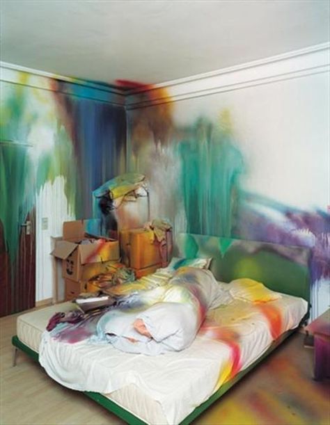 Painted Bed Installation by Katharina Grosse. Part of me wants this to be my room, I love the concept, but part of me thinks it would drive me nuts to live in everyday. Best to just look at it! Painted Beds, Blog Art, History Projects, Sculpture Installation, Contemporary Paintings, Art Blog, Contemporary Artists, Installation Art, Art History