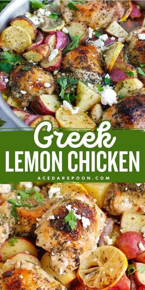 An easy chicken recipe in one pot! Your dinner ideas for tonight must have these Greek lemon chicken thighs. Infused with a lemon marinade, this Greek chicken and potatoes is wonderfully sweet, zesty, and satisfying! Lemony Chicken And Potatoes With Feta, Greek One Pot Meals, Slow Cooker Greek Chicken And Potatoes, Greek Chicken And Potatoes Crockpot, Greek Lemon Chicken Thighs, Greek Lemon Chicken With Potatoes, 1 Pot Chicken Recipes, Greek Lemon Chicken And Potato Bake, One Pan Greek Lemon Chicken And Potatoes