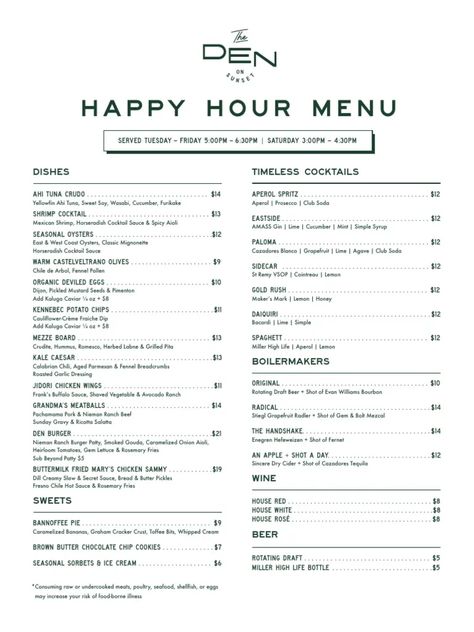 Happy Hour Menu Design, Happy Hour Ideas, Tuna Crudo, Hamburger Sauce, Happy Hour Food, Fennel Pollen, Mexican Shrimp, The Sunset Strip, Spicy Aioli