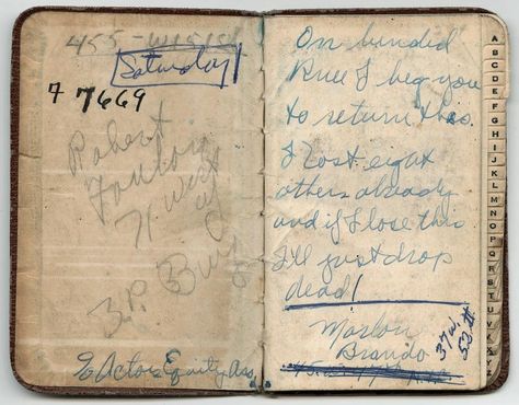 Marlon Brando lost this little black while appearing in A Streetcar Named Desire in 1949.    The loss of the book must have been significant to the young actor. Brando scrawled on the flyleaf: “On bended knee I beg you to return this. I lost eight others already and if I lose this I’ll just drop dead!” On Bended Knee, A Streetcar Named Desire, Diary Entry, I Lose, Vocabulary Practice, Address Book, Keeping A Journal, Black Book, Marlon Brando