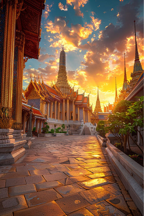 Sunset view of a stunning temple in Thailand, with golden spires and intricate architecture reflecting the warm glow of the setting sun, one of the most beautiful places in Thailand to visit. Thailand Temples Photography, Thailand Places To Visit, Thailand Beautiful Places, Thailand City, Phillipines Travel, Places In Thailand, Places To Visit In Thailand, Thailand Places, Thailand Destinations