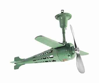 AMERICAN AIRPLANE-FORM CEILING FAN, 1930s, painted metal, steel Airplane Ceiling Fan, Antique Ceiling Fans, Peaceful Green, Aviation Furniture, Steel Ceiling, Antique Fans, American Paint, Retro Fan, Vintage Fans