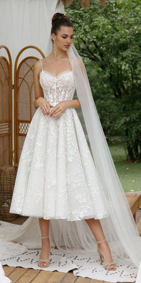 Exclusive Knee Length Wedding Dresses ★ #bridalgown #weddingdress Wedding Dress Mid Length, Wedding Dresses Knee Length, After Wedding Party Dresses, Mid Length Wedding Dress, Knee Length Wedding Dresses, Midi Bridal Dress, Dresses Sweetheart Neckline, Short Wedding Gowns, Wedding Dresses Sweetheart