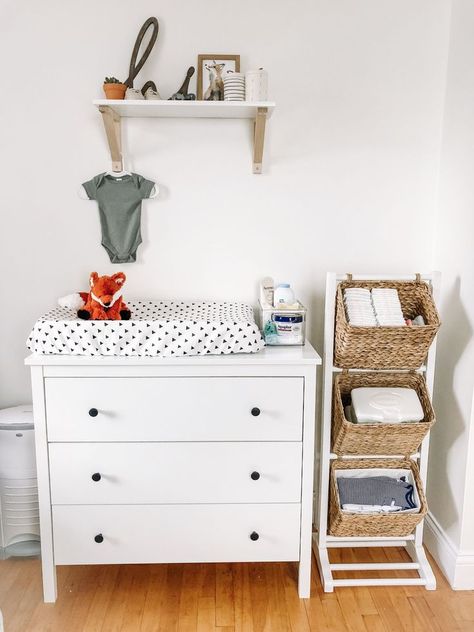 (paid link) This is the exact nursery dresser organization guide you need to help you find a place for all of baby's clothes and diaper changing ... Ikea Drawers Changing Table, Shelf Over Changing Table, Nappy Station Ideas, Change Table On Dresser, Baby Rooms Changing Tables, Nursery Changing Station Organization, Nursery And Guest Room Combo Small Spaces, Changing Table Station, Baby Boy Changing Table