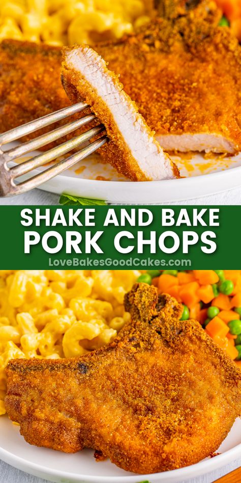 Shake and Bake Pork Chops pin collage What To Cook With Pork Chops, Shaken Bake Pork Chops, Pork Chop Shake And Bake, Homemade Shake And Bake Pork Chops, Shake N Bake Pork Chops, Baked Pork Chop Recipes, Bone In Pork Chop Recipe, Easy Baked Pork Chop Recipes, Shake And Bake Pork Chops