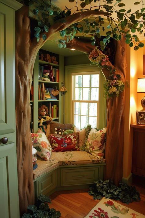 Enchanted Forest Bedroom, Enchanted Forest Nursery, Cozy Home Library, Reading Nook Ideas, Forest Bedroom, Cozy Window Seat, Reading Nook Kids, Wall Mounted Bookshelves, Fantasy Rooms