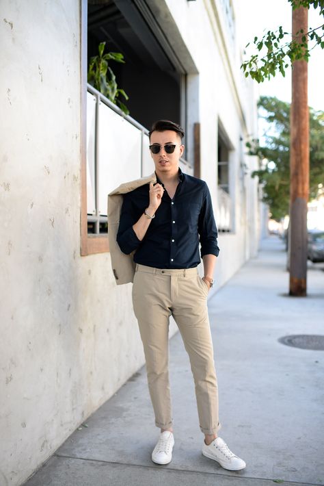 Tan suit + navy dress shirt + white sneakers White Sneakers Formal Outfit Men, Black Shirt Combination Pants Men, Tan Suit Black Shirt, Black Shirt Combination, Suit Pants Outfit, Navy Dress Shirt, Boys Dressing, Blake Scott, Shirt Gown