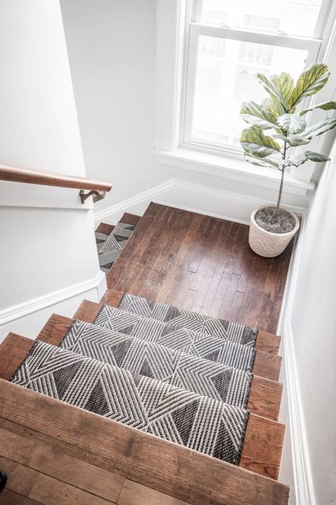 DIY Stair Runner With Wood Landing, Cherished Bliss Stair Runner Farmhouse, Hall Stairs Landing, Stair Case Banister, Stairs With Runners And Landing, Basement Stairs Runner, Stairs With A Runner, Diy Stair Runner With Landing, Stairs With Runners, Simple Stairs Renovation