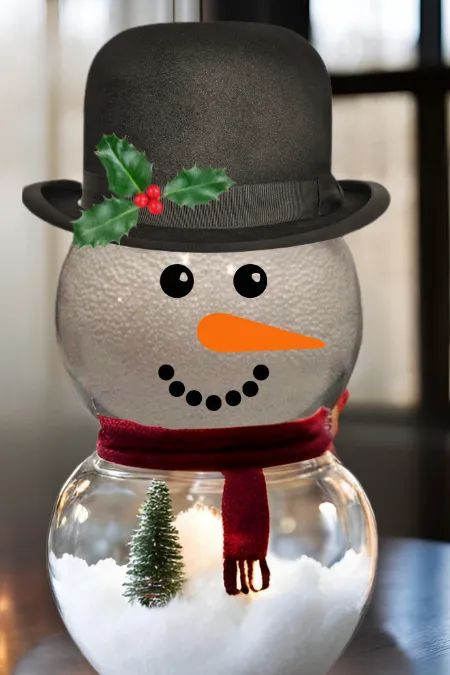 Fish Bowl Snowmen Ideas Glass Bowl Snowman Diy, Glass Bowl Snowman, Bowl Snowman, Snowmen Ideas, Mini Alcohol Bottles, Snowman Diy, Glass Fish Bowl, Holly Decorations, Fish Bowls