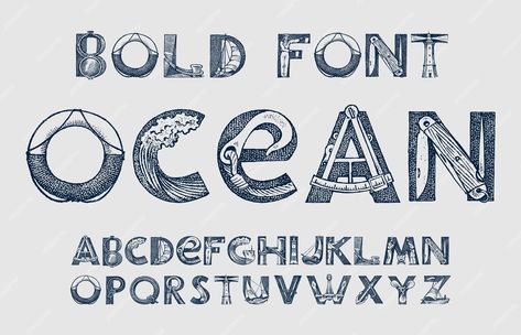 Premium Vector | Decorative marine alphabet in ancient style Waves and the sea in letters Old Font for labels Vintage typeface Editable and layered monogram Hand drawn engraved sketch Vector illustration Boat Lettering Fonts, Sea Font Alphabet, Nautical Alphabet Letters, Underwater Typography, Nautical Fonts, Old Fonts, Poster Text, Retro Text, Drinks Logo