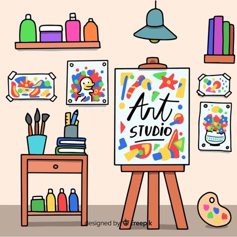 Dream Art Room Drawing, Workplace Illustration, Dream Art Room, Color Wheel Projects, Teaching Drawing, Cartoon Artist, Creating Artwork, Cardboard Art, Painting Lessons