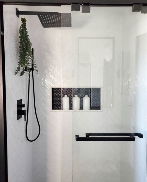 Black Shower Niche, Bathroom Niche Ideas, White Shower Tile, Shower Alcove, Tile Shower Niche, White Tile Shower, Bathroom Niche, Frameless Glass Doors, Black White Bathrooms