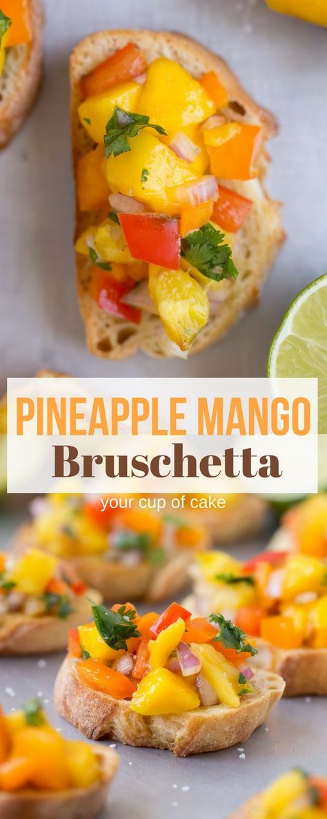 Pineapple Mango Bruschetta! This is THE BEST summer bruschetta and I will be making it all summer long. It is the perfect BBQ appetizer. #summer #recipe #appetizer #easy #fresh #simple #quick #fruit #food #snack Bruschetta Vegetarian, Mango Bruschetta, Summer Bruschetta, Vegetarian Appetizer, Bbq Appetizers, Vegetarian Mexican, Food Snack, Summer Recipe, Easy Summer Meals