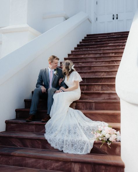 Saint george utah, lds temple, saint george temple, bridals, lace wedding dress, modest wedding dress, grey suit, pink flower inspo, wedding inspo St George Temple Wedding, Gilbert Temple Wedding, Lace Wedding Dress Modest, Lds Temple Wedding Pictures, Saint George Utah, Temple Wedding Pictures, Logan Utah Temple Wedding, St George Temple, Temple Wedding Photos