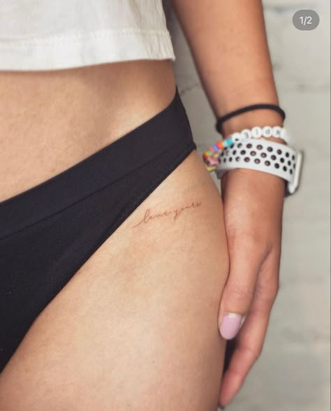 Small Word Hip Tattoos, Word Hip Tattoos Women, Word Hip Tattoos, Hip Tattoo Words, Hip Word Tattoo, Simple Hip Tattoo, Minimalist Hip Tattoo, Thigh Tattoos Women Words, Thigh Word Tattoo