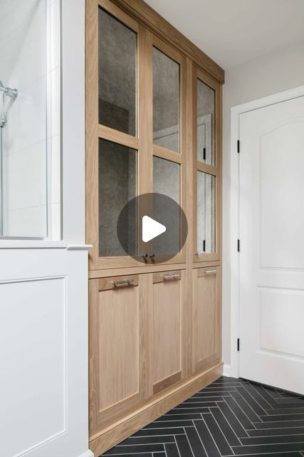 Linen Cabinet With Hamper, Master Bath With Linen Cabinet, Linen Closet In Bathroom, Niche Closet, Closet In Bathroom, Bathroom Linen Closet, Master Bath Tile, Bath Tile, Primary Bathroom