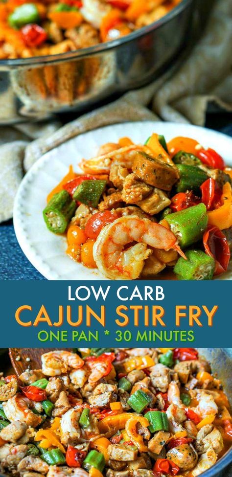 Keto Sausage Stir Fry, Cajun Chicken Stir Fry, Low Carb Stir Fry Chicken, Cajun Shrimp Stir Fry, Cajun Stir Fry Recipes, Shrimp And Sausage Stir Fry, Keto Chicken And Shrimp Recipes, Keto Shrimp Stir Fry, Shrimp And Chicken Stir Fry