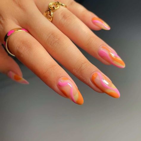 Orange Almond Acrylic Nails, Orange Acrylic Nails, Almond Acrylic, Orange Nail, Minimal Nails, Almond Nails Designs, Almond Acrylic Nails, Almond Nail, Orange Nails