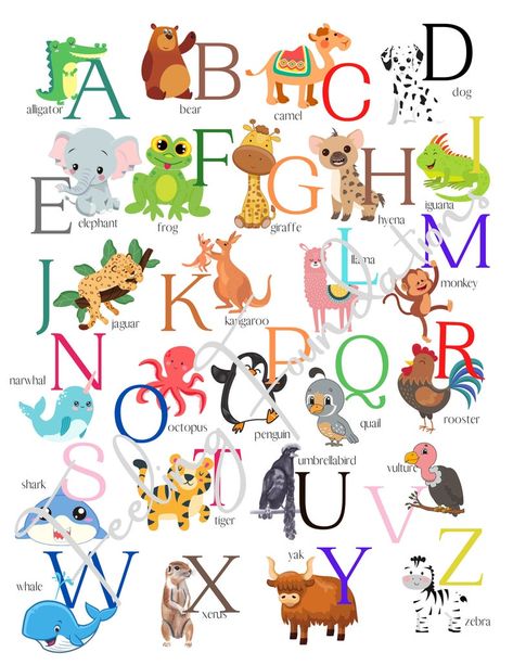 Alphabet and Animal Printable educational or Wall Art, Nursery, Learning Words, Montessori, Home School - Etsy UK Animal Alphabet Nursery, Learning Words, Montessori Home, Nursery Alphabet, Alphabet Animals, Earth Drawings, Beautiful Letters, Faux Calligraphy, Alphabet Wall Art