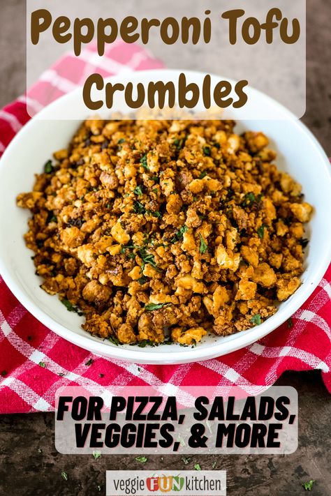 This is the pepperoni tofu crumbles recipe you've been waiting for! A little spicy and seasoned just right, these pepperoni tofu crumbles are perfect on pizza (of course), or sprinkled on salads or veggies like potatoes. Tofu Crumbles, Vegan Pepperoni, Tofu Recipes Vegan, Vegan Tofu, Tofu Dishes, Crumble Recipe, Tasty Vegetarian Recipes, Savory Vegan, Vegan Pizza