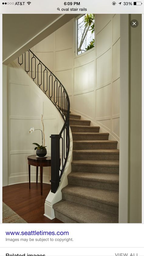 The look oval balusters Entry Staircase, Curved Stairs, Stairs Decor, Foyer Staircase, Stair Makeover, Tiny House Stairs, Traditional Staircase, Iron Stair Railing, House Staircase