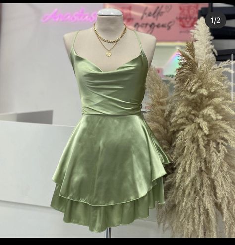 Green Gala Dresses Short, Light Green Short Satin Dress, Sage Green Silk Dress Short, Tinkerbell Dress Aesthetic, Short Green Hoco Dresses, Greek Mythology Hoco Dress, Enchanted Forest Theme Dress Homecoming, Tiana Hoco Dress, Homecoming Dresses Enchanted Forest