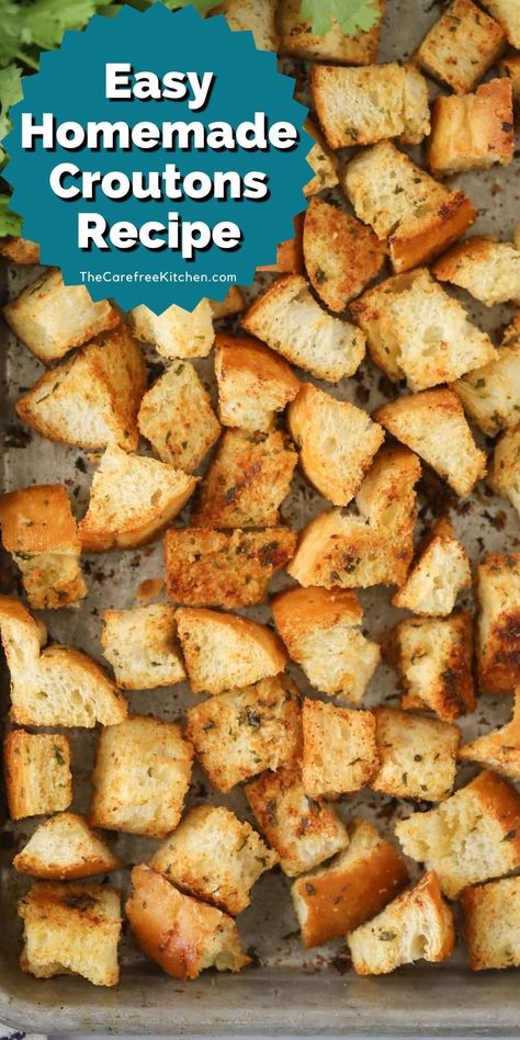 Learn how to make Homemade Croutons from scratch with this quick and easy recipe. They’re buttery, garlicky, and super simple to make from just about any type of bread. Homemade Stuffing Recipes, How To Make Croutons, Crouton Recipes, Homemade Stuffing, Tomato Soup Homemade, Satisfying Salads, Leftover Bread, Croutons Homemade, Stuffing Recipes